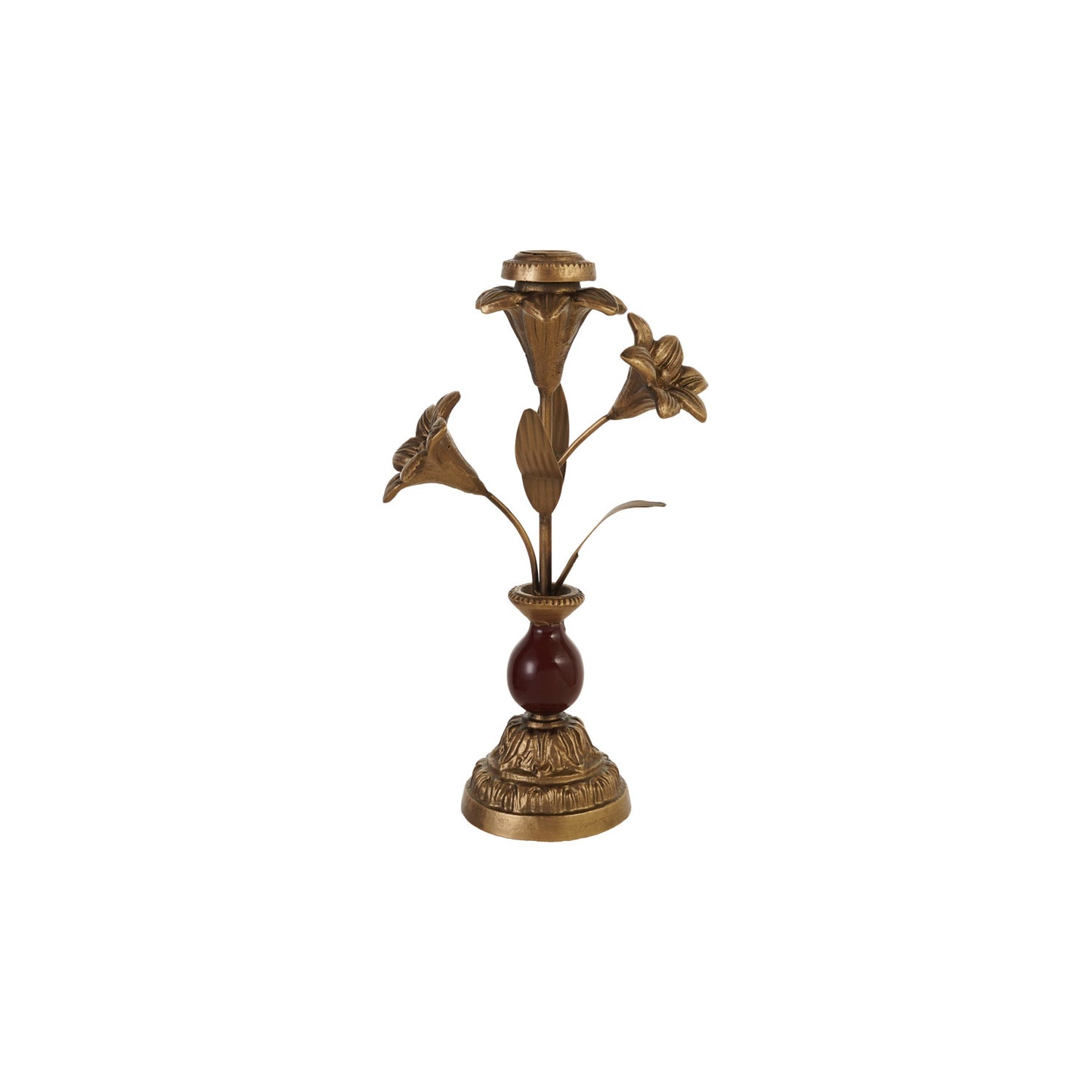 Cast Iron Taper Holder with Flowers, Antique Brass Finish & Brown