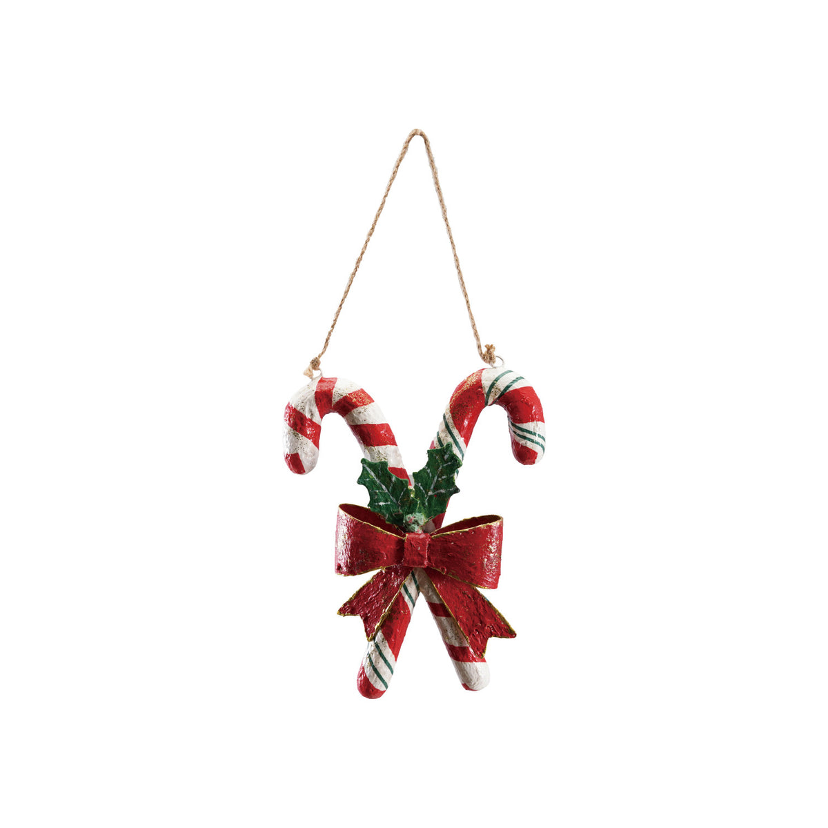 Handmade Metal & Paper Candy Cane Wall Decor with Bow & Holly Leaves