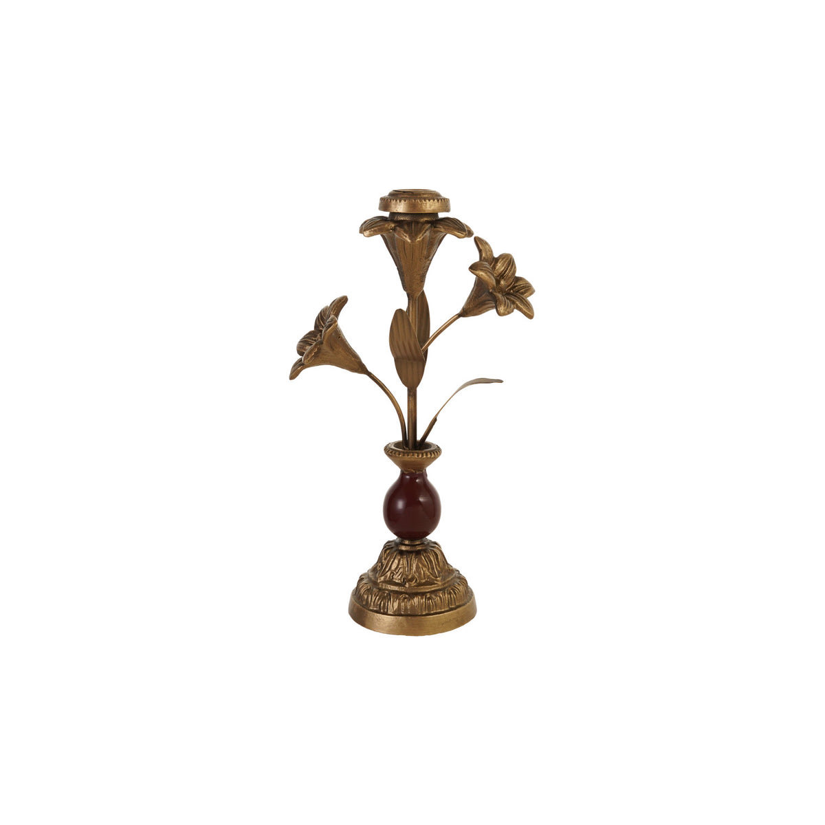 Cast Iron Taper Holder with Flowers, Antique Brass Finish & Brown